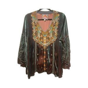 Johnny Was M Chiri Velvet Silk Blend Bell Sleeve Teal Embroidered Tunic *FLAWS*